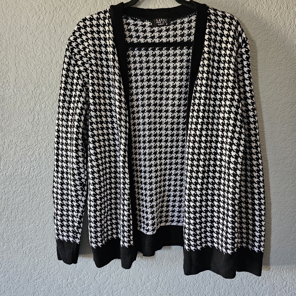 Boohooman Open-Front Houndstooth Cardigan Sweater - Black & White Size Medium